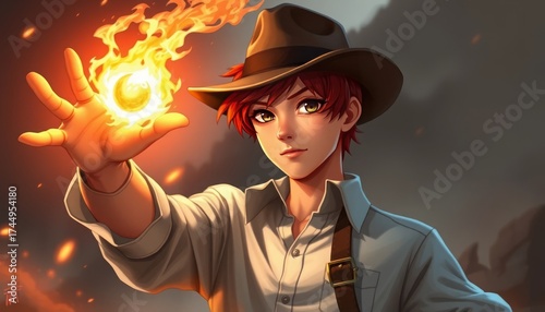 Portrait of a young man with short red hair, wearing a white shirt and a brown fedora hat, who holds a fireball in his hand. The palm of one hand emits magical light in a fantasy style