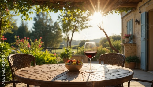 a table on the outdoor terrace of a Provencal house, on the table there is a large glass of cabernet wine, the rays of the sun penetrate through the wine, the overall picture of peace and buzz