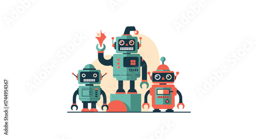Robots competing for first place on a podium holding a torch.