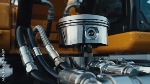 Macro cinematic dolly shot revealing excavator hydraulic system in motion, showing oil fluid tubes, polished metal surfaces, and moving pistons with realistic reflections.
