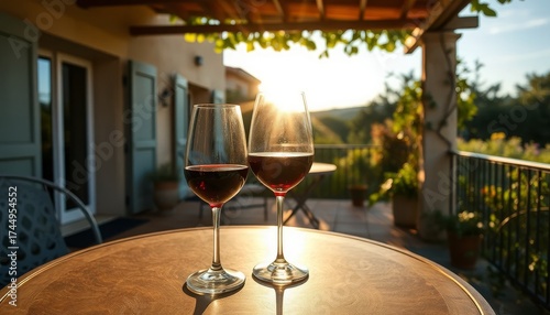 a table on the outdoor terrace of a Provencal house, on the table there is a large glass of cabernet wine, the rays of the sun penetrate through the wine, the overall picture of peace and buzz