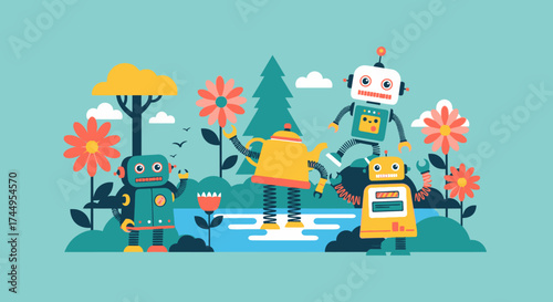 Robots Exploring a Whimsical Garden Landscape.