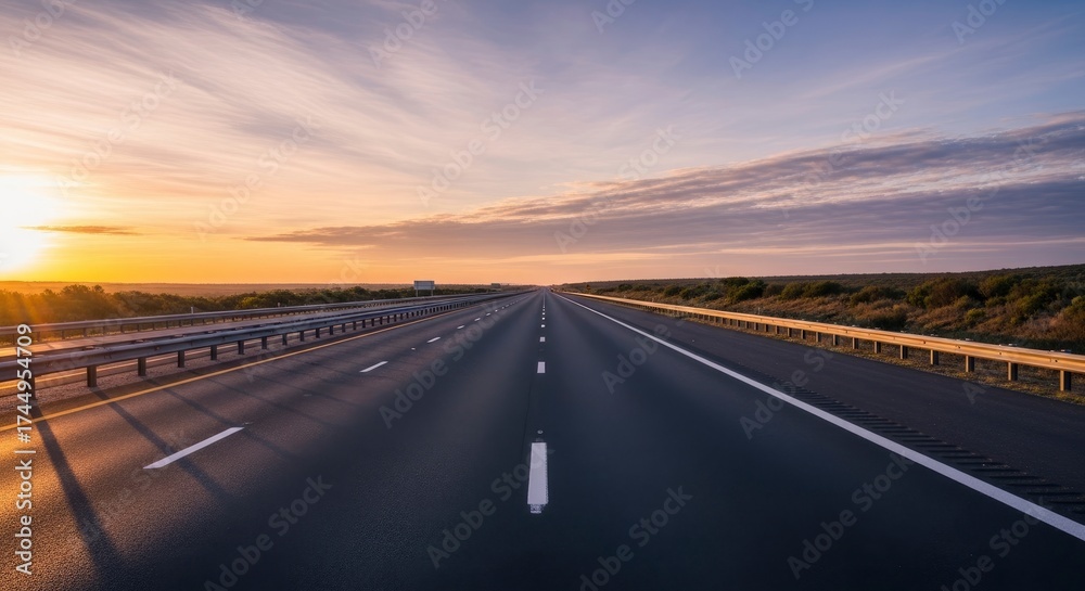 Fototapeta premium Empty Highway at Golden Sunset Leading to the Horizon, Representing Future Journey and Progress