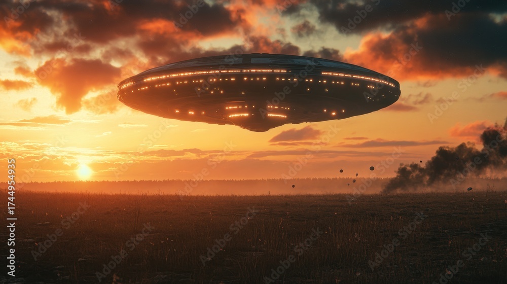 Naklejka premium Large ufo spaceship flying over empty field at sunset with bright lights in orange cloudy sky