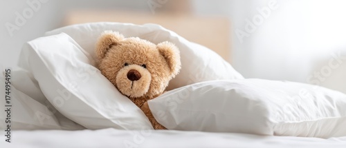 The Teddy Bear Nestled in Fluffy White Pillows on a Cozy Bed