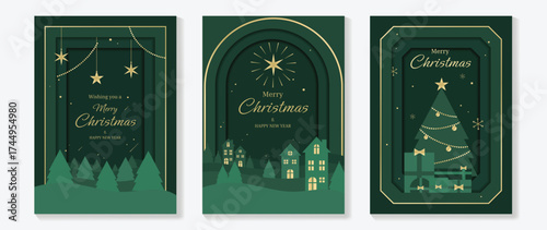 Christmas greeting card vector with pine tree, golden star, winter village and festive holiday decoration illustration