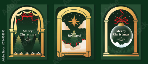 Christmas greeting card vector with golden arch frame, holiday decoration, ribbon, star, bauble, fir tree and festive background illustration