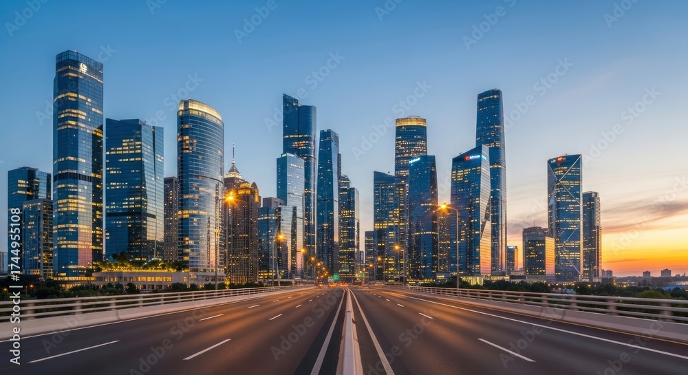 Obraz premium Modern City Skyline with Empty Highway Leading to Urban Business District
