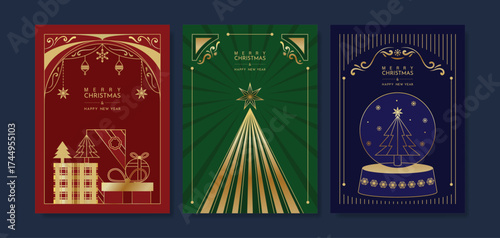 Christmas greeting card vector with golden star, gift, tree, ornament and luxury holiday decoration illustration