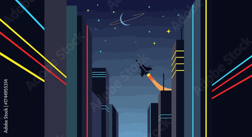 Rocket soaring through the night sky above city buildings.