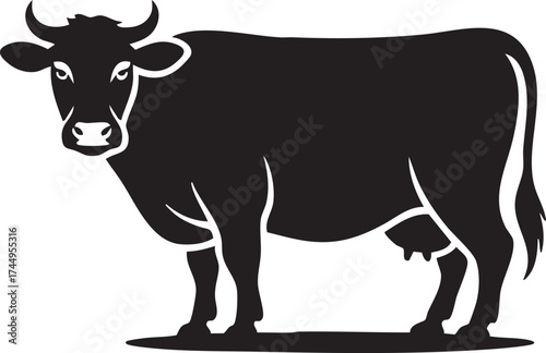 Black and white cartoon cow on white background
