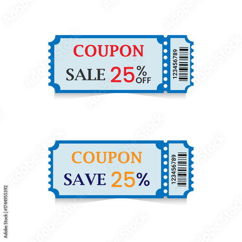 Coupons design examples, vector illustration, blue, red, orange colors, sale 25%off, save 25%. Coupons are on websites, mobile apps, and print variants. They may be used in shopping, in markets. 