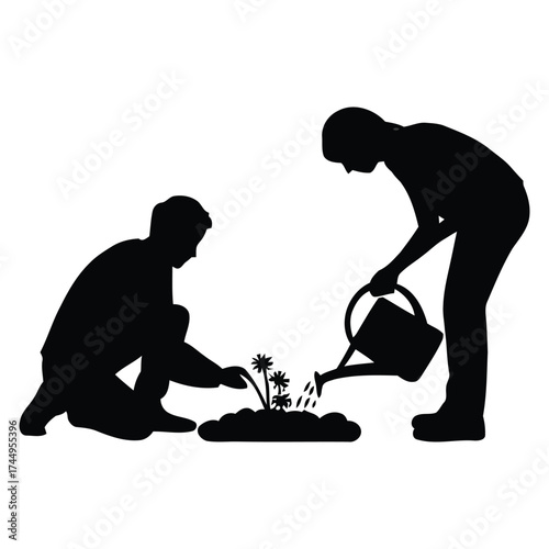Modest  Man and woman Gardening silhouette, quietly nurturing their crops - Man and women illustration vector