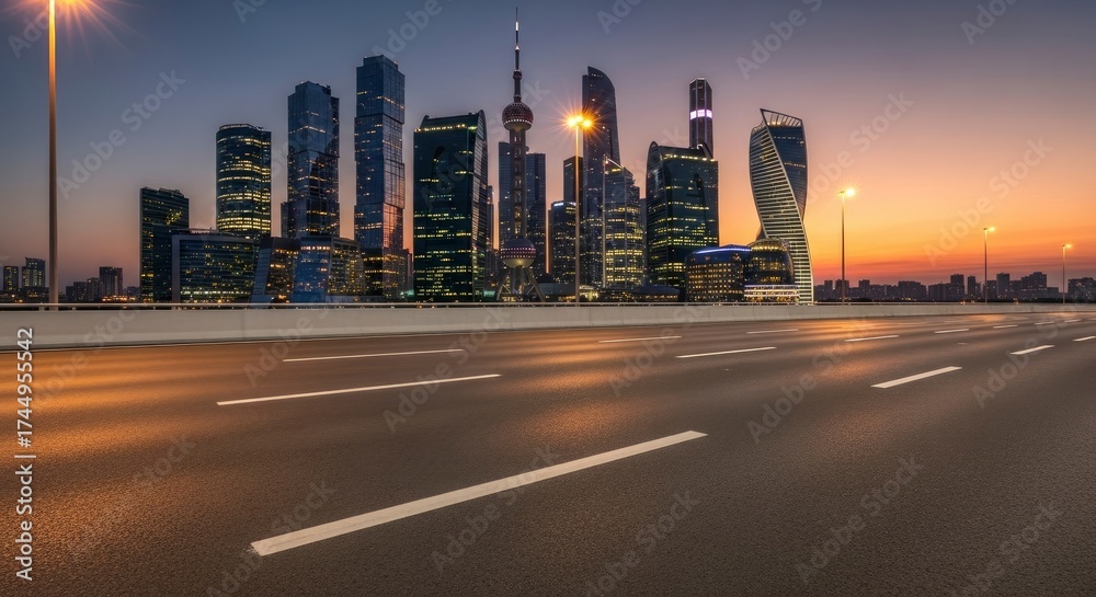Obraz premium Empty Urban Highway Leading to Modern Shanghai Cityscape at Twilight