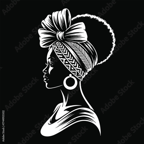 Elegant African woman profile silhouette with traditional headwrap and jewelry silhouette