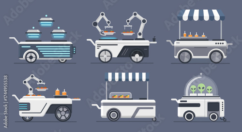 Set of autonomous food carts with robotic arms and various food items.