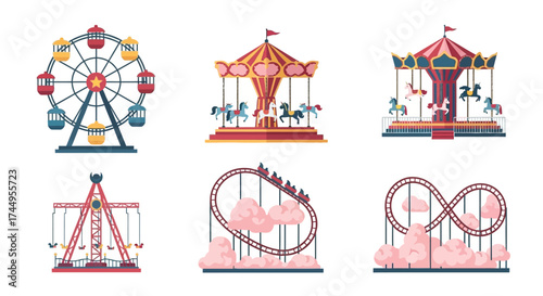 Set of Colorful Amusement Park and Carnival Ride Illustrations.