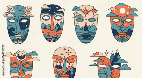 Set of seven tribal masks with natural landscapes integrated into their designs.