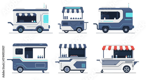 Set of six modern food trucks and street food carts.