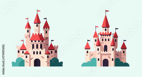 Set of two fairytale castles with red roofs and towers.