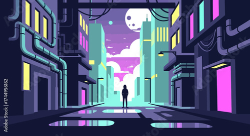 Silhouette of a person standing in a futuristic city street at night.