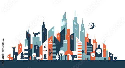Stylized Cityscape Silhouette with Geometric Buildings and Trees.