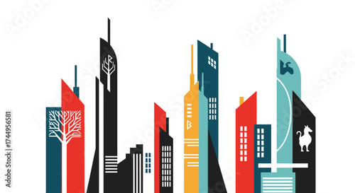 Stylized Cityscape with Modern Buildings and Environmental Symbols.