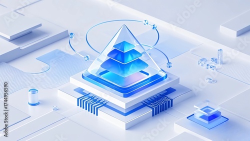  A 3D chip icon with a blue gradient, featuring a pyramid shape on the chip, with a transparent frosted glass texture, indicating the importance the chip.