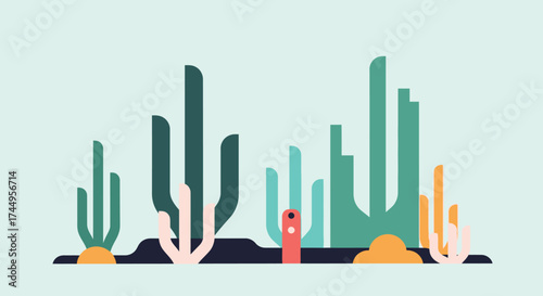 Stylized desert landscape with various cacti and succulents.
