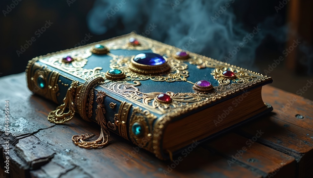 Obraz premium Ornate book with jewels and gold details sits on a wooden surface. Mysterious blue smoke drifts around this ancient artifact, suggesting magic or forgotten lore.