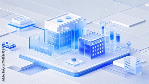 A 3D commercial building with blue gradient, industrial design icon, with transparent frosted glass texture, representing urban planning.
