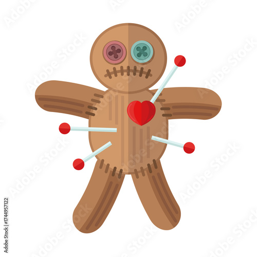 Voodoo Doll with Heart and Pins – Vector Illustration of Magic and Witchcraft Concept