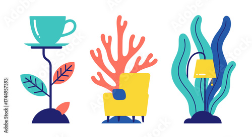 Stylized Plants and Objects - A Whimsical Collection of Decorative Elements.
