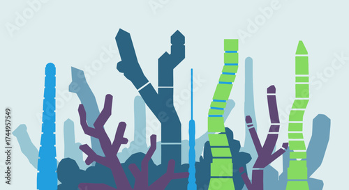 Stylized underwater coral reef ecosystem with various marine plants.