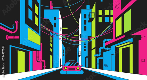 Stylized Red Car in a Vibrant Urban Setting.