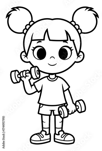 Vector art of a cute girl is doing exercise with dumbbells a fun and engaging coloring page for kids of all ages