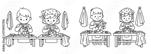Vector art of two pairs of children washing dishes, a charming scene for a coloring book or educational material