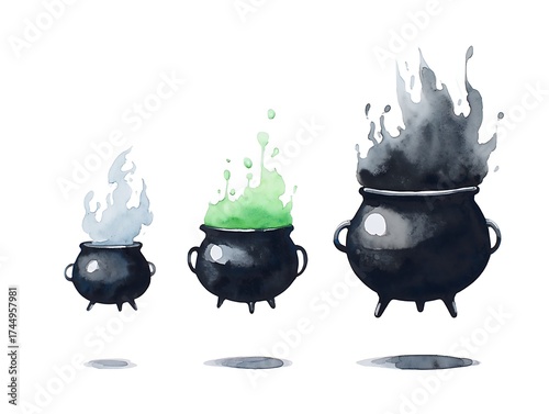 Watercolor Black Witches Cauldrons Bubbling with White, Green, and Black Smoke