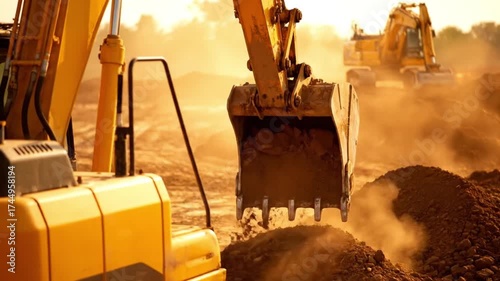 Close cinematic dolly shot focusing on a hydraulic excavator actively lifting soil, showing hydraulic pistons working under warm, cinematic light and dust atmosphere.
