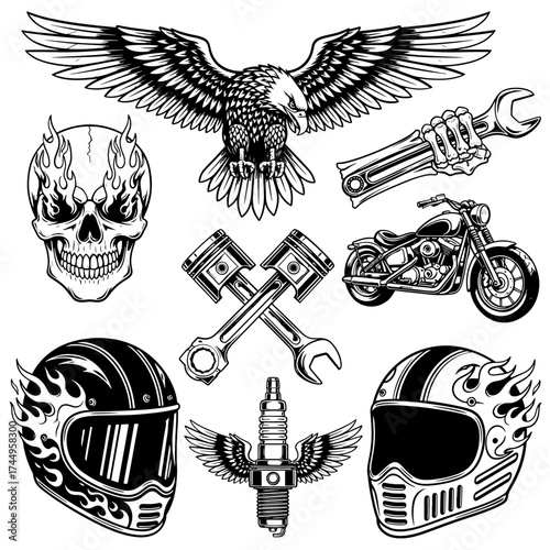Vector art of biker culture vector set with eagle, skull, motorcycle, helmet, piston, wrench, and spark plug