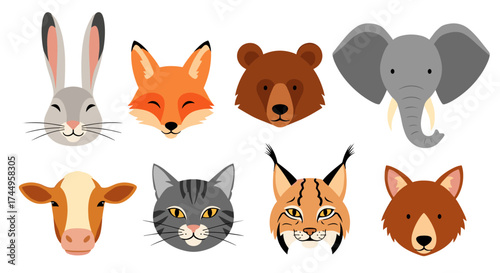 Collection of cartoon animal faces including a rabbit a fox a bear a cat a cow a lynx and an elephant.
