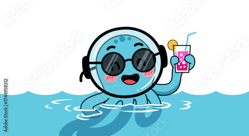 A cute blue octopus wearing sunglasses and headphones enjoys a refreshing drink while swimming in the ocean.