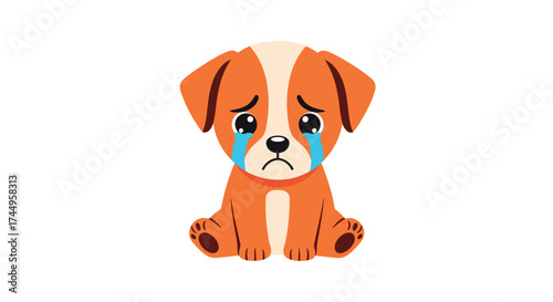 A sad puppy with tears in its eyes sitting alone and looking lonely.