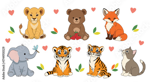 Adorable baby wild animals including a lion cub a bear cub a fox cub a baby elephant two tiger cubs and a kitten.