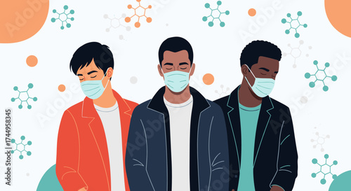 Three diverse men wearing protective face masks as a health precaution.