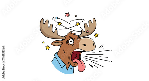 A cartoon moose expressing extreme anger and confusion with stars and lines around its head.