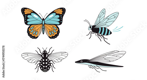 Colorful collection of four flying insects isolated on white background featuring a butterfly a wasp a fly and a dragonfly.