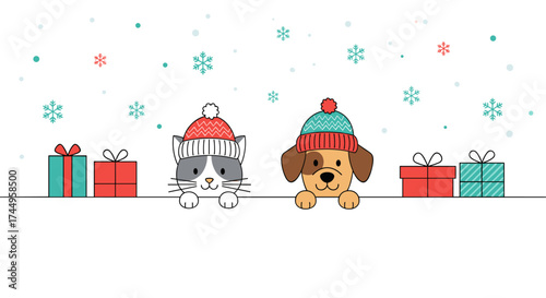 Cute cat and dog wearing winter hats with presents and snowflakes for the holidays.