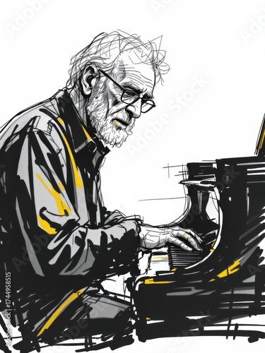 Dynamic sketch illustration of a mature man passionately playing a grand piano, isolated on white background.