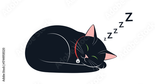 A cute black cat peacefully sleeping and dreaming Zzzs in a relaxed curled up pose.